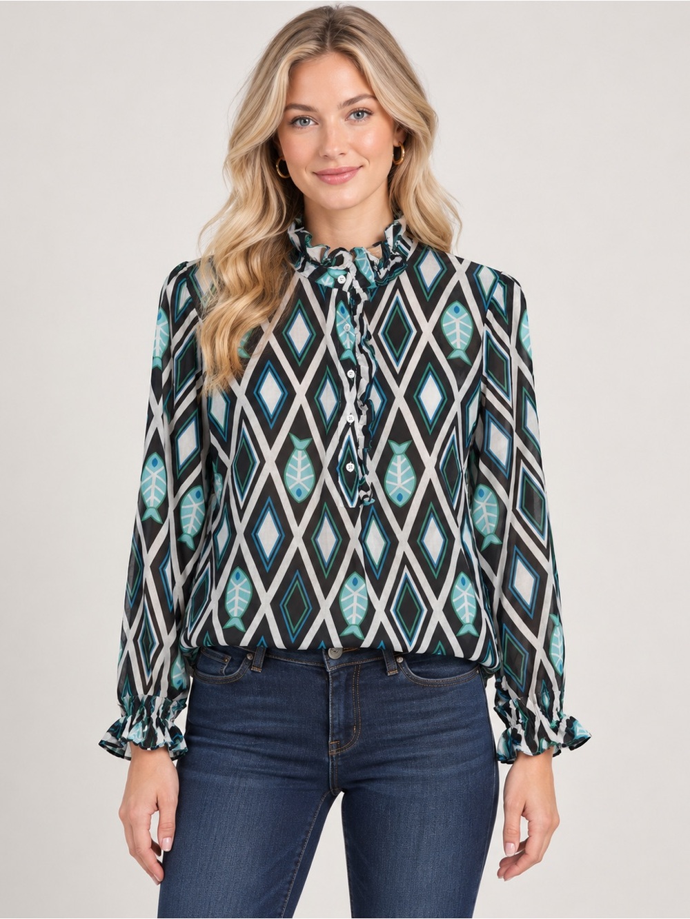 Tory Burch Geometric Fish Print Ruffle Blouse Black Blue Green 2 6139